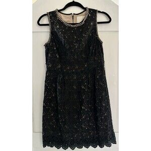 Anthropology Champagne & Strawberry Black Lace Shift Dress Gold Chain Accent M